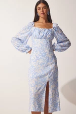Happiness İstanbul damska jasnoniebieska wzorzysta sukienka z wiskozy