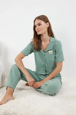 Trendyol Mint Teddy Bear Embroidered Ribbed Knitted Pajama Set