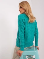 Turquoise sweater with cables and round neckline