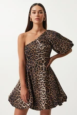 Happiness İstanbul Women's Black Beige Leopard Patterned Balloon Sleeve One-Shoulder Woven Dress