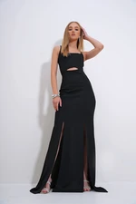 Trend Alaçatı Stili Women's Black Adjustable Strap Out Cut Slit Graduation Dress