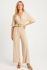 Cool & Sexy Women's Vanilla Double Breasted Belted Wrinkled Jumpsuit