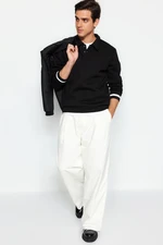 Trendyol Black Oversize/Wide Cut Polo Collar Striped Sleeves Fleece Inside/Warm Sweatshirt