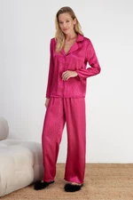 Trendyol Fuchsia Premium Heart Patterned Satin Shirt-Pants Woven Pajama Set