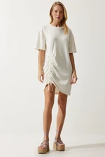 Happiness İstanbul Women's Cream Gathered Mini Knitted Dress