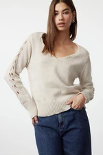 Trendyol Stone Openwork/Hole Cotton V Neck Knitwear Sweater