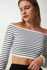 Happiness İstanbul Women's White Square Neck Striped Crop Blouse