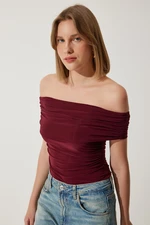 Happiness İstanbul Women's Burgundy Gathered Open Shoulder Sandy Blouse