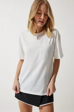 Happiness İstanbul Women's White Stone Detailed Oversize T-Shirt