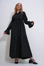 Trend Alaçatı Stili Women's Black Shirt Buttoned Front Collar and Bellows Skirt Flounce Woven Hijab Dress