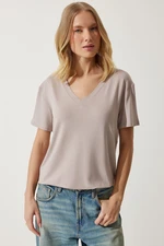 Happiness İstanbul Women's Mink V-Neck Basic Viscose Knitted T-Shirt