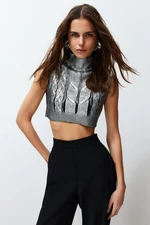 Trendyol Silver Foil Printed Crop Knitwear Blouse