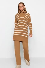 Trendyol Camel Zipper Detail Thessaloniki Striped Knitwear Top and Bottom Set