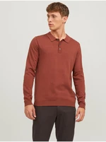 Cihlové pánské úpletové polo tričko s dlouhým rukávem Jack & Jones - Pánské