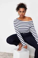Trendyol Curve Navy Blue Striped Premium Soft Fabric Fitted Boat Neck Flexible Knitted Blouse