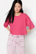 Trendyol Fuchsia 100% Cotton Premium Crop Crew Neck Knitted T-Shirt