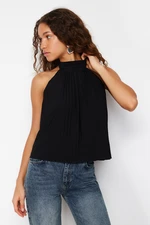 Trendyol Black Pleated Barter Neck Regular/Regular Fit Stretch Knitted Blouse