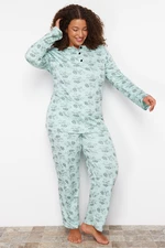 Trendyol Curve Mint Buttoned Floral Pattern Knitted Pajamas Set