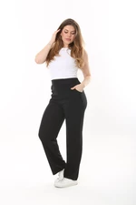 Dámské kalhoty Šans Plus Size černé s žehličkovým vzorem, vyšíváním trávy, lycrou a bočními kapsami
