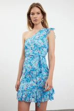 Trendyol Blue Floral Belted Mini Patterned Single Sleeve Detailed Ruffle Lined Flexible Knit Dress