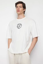 Trendyol Ecru Oversize/Wide Cut 100% Cotton T-shirt with Text Embroidery