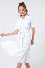 Lafaba Women's White Coated Buttons and Belted Dress Wide Size Range