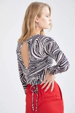 DEFACTO Slim Fit Long Sleeve Zebra Print Crop Top