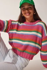 Happiness İstanbul Women's Pink Striped Knitwear Sweater