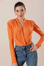 By Saygı Double-breasted Collar Blouse Orange with Gathering Waistband and Snap Snap.