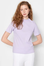 Trendyol Lilac 100% Cotton Basic Stand Collar Knitted T-shirt