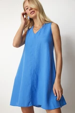 Happiness İstanbul Women's Blue V-Neck Linen A-Line Dress