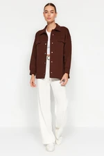 Trendyol Brown Oversize/Wide Fit Polo Jacket with Pockets and Buttons, Fleece Inner Knitted Jacket