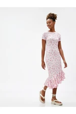 Koton Floral Midi Dress Asymmetrical Cut With Ruffled Crew Neck