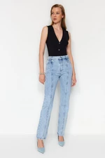 Trendyol Blue Stitching Detail High Waist Long Straight Jeans