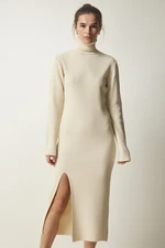 Happiness İstanbul Women's Cream Turtleneck Slit Knitwear Dress