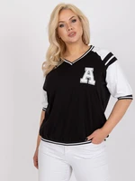 Black and white casual blouse in larger size with a V-neck