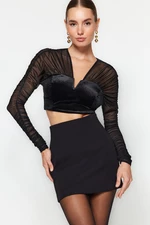 Trendyol Black Draped Velvet Tulle Blouse