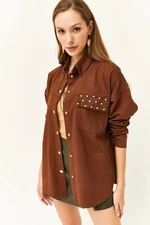 Olalook Women's Bitter Brown Pocket Stone Detailed Cotton Gabardine Jacket