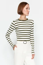 Trendyol Khaki Stripe Premium Viscose Soft Fabric Fitted Crop Stretchy Knitted Blouse