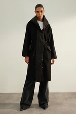 Trendyol Limited Edition Black Hooded Oversize Wide Cut Wool Stamp Coat