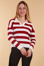 Bigdart 15777 Polo Collar Striped Sweater - Claret Red