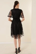 By Saygı Double Breasted Neck Waist Belted Lined Lace Dress with a Flare Skirt Black