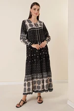 By Saygı Lace-Up Patterned Long Dress Black