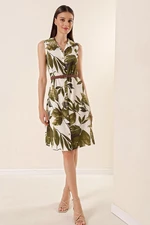 By Saygı Leaf Patterned Belted Collar Sleeveless See-through Dress Khaki