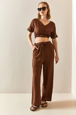 XHAN Brown V-Neck Textured Crop Suit