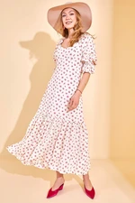 XHAN Women's Pink Floral Print Midi Length Dress