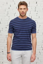 ALTINYILDIZ CLASSICS Men's Navy-Indigo Standard Fit Normal Cut, Crew Neck Cotton Striped Knitwear T-Shirt.