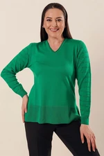 By Saygı V-neck Acrylic Sweater with Sleeves Patterned Plus Size Plus Size Size Sweater Green with slits in the sides.