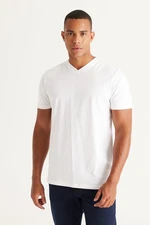 AC&Co / Altınyıldız Classics Men's White 100% Cotton Slim Fit Narrow Cut V-Neck Short Sleeve T-Shirt