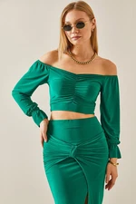 XHAN Green Off Shoulder Gathered Crop Blouse